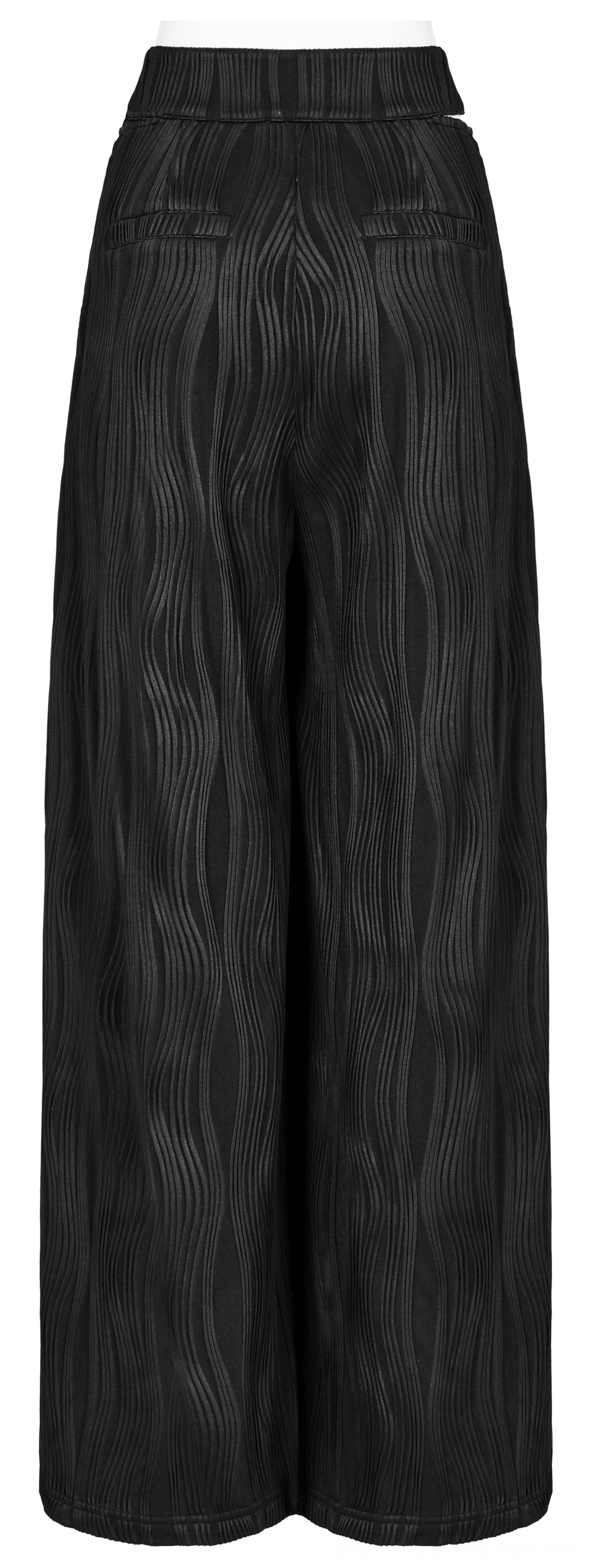 Black gothic wide leg pants back view - full rear silhouette without buckle showing wavy knit texture and wide leg cut on dark alternative fashion trousers
