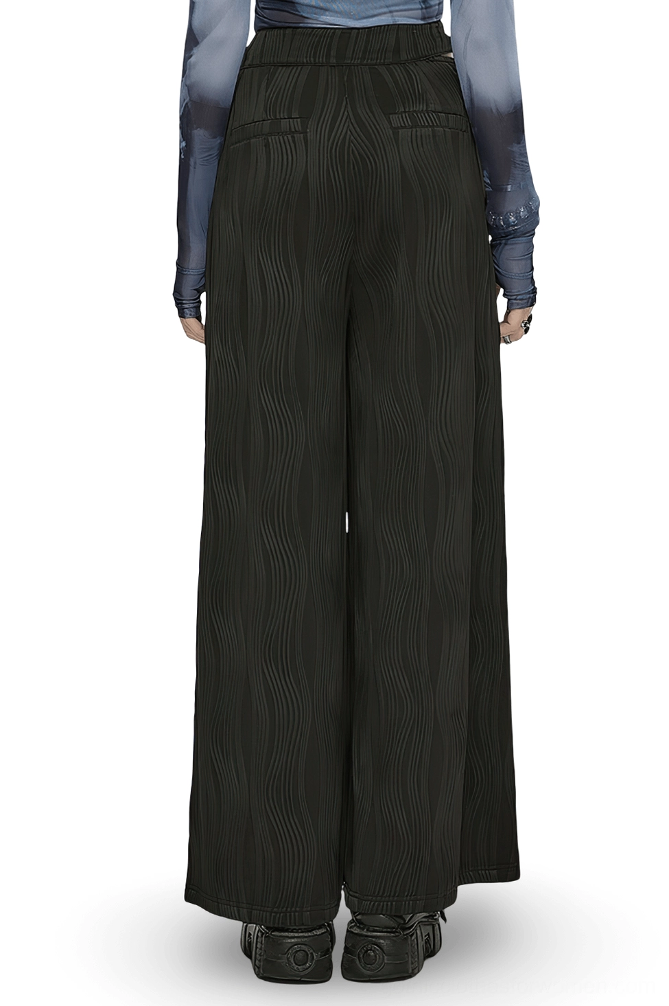 Black gothic wide leg pants back view - full length rear silhouette showing decorative hip pockets and wavy knit pattern on dark trousers