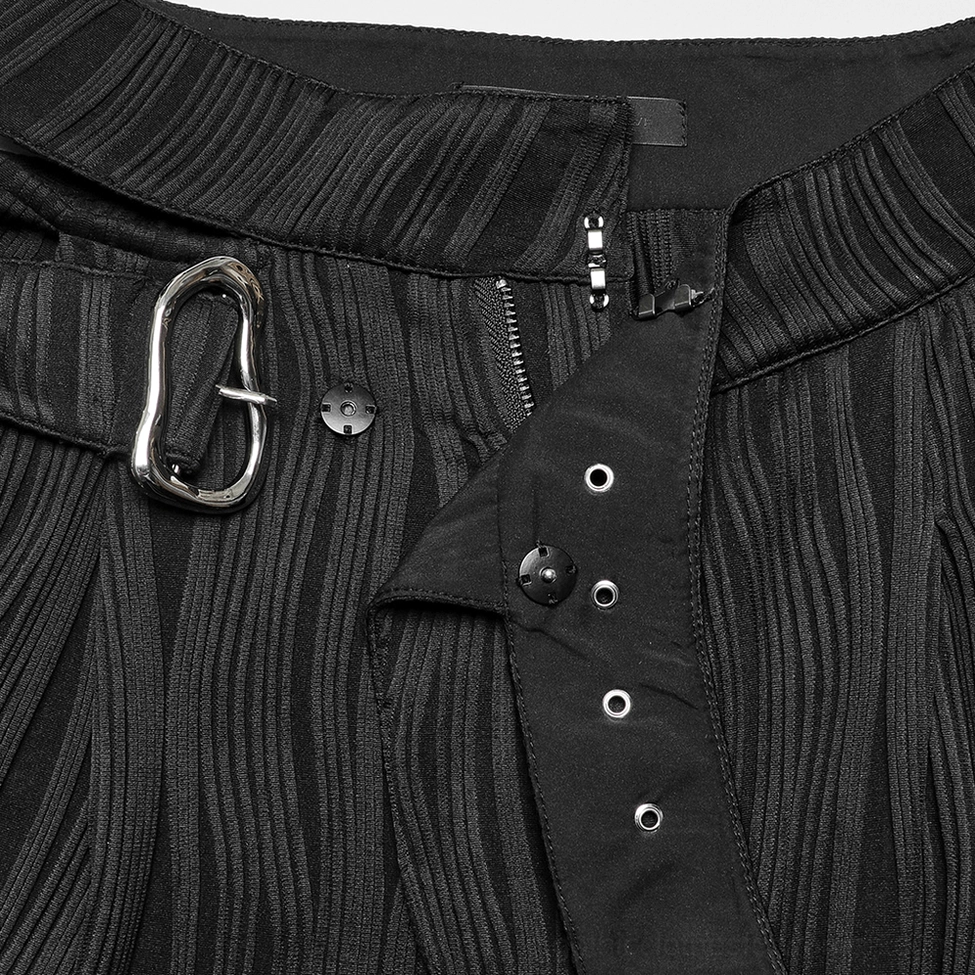 Black gothic wide leg pants closure detail - zipper fly and multi-button fastening system with wavy knit texture on dark trousers