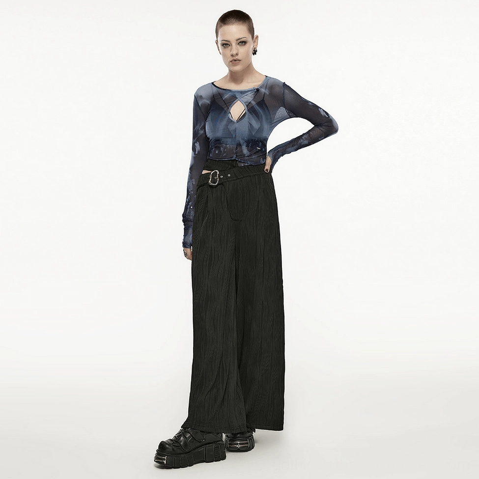 Black gothic wide leg pants architectural detail - wavy knit texture and wide leg silhouette construction on alternative fashion dark trousers