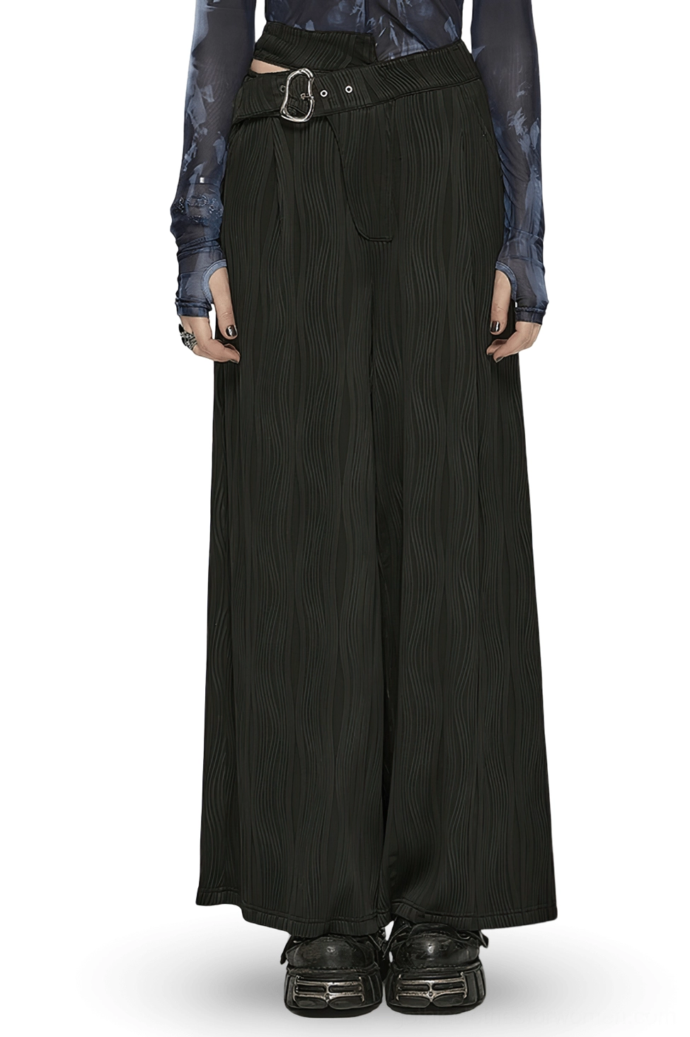 Black asymmetrical buckle gothic wide leg pants front view - model wearing full length trousers with silver metal buckle and wavy texture knit fabric