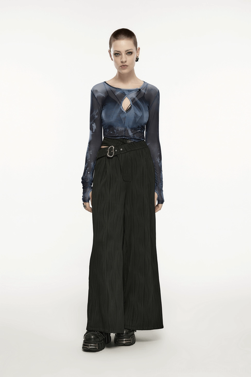 Black asymmetrical buckle gothic wide leg pants main product shot - front view with silver metal buckle and wavy texture knit on dark trousers