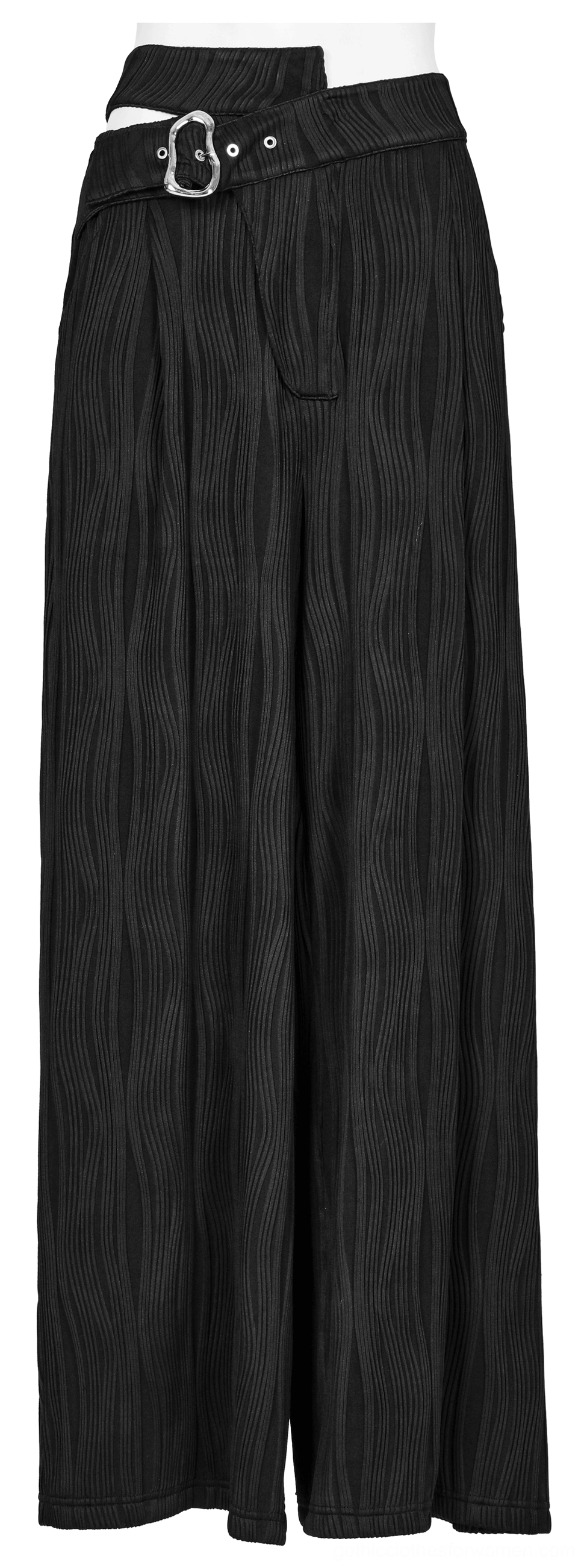 Black gothic wide leg pants side profile view - cutout asymmetrical waist with silver buckle fastening and flowing wide leg silhouette