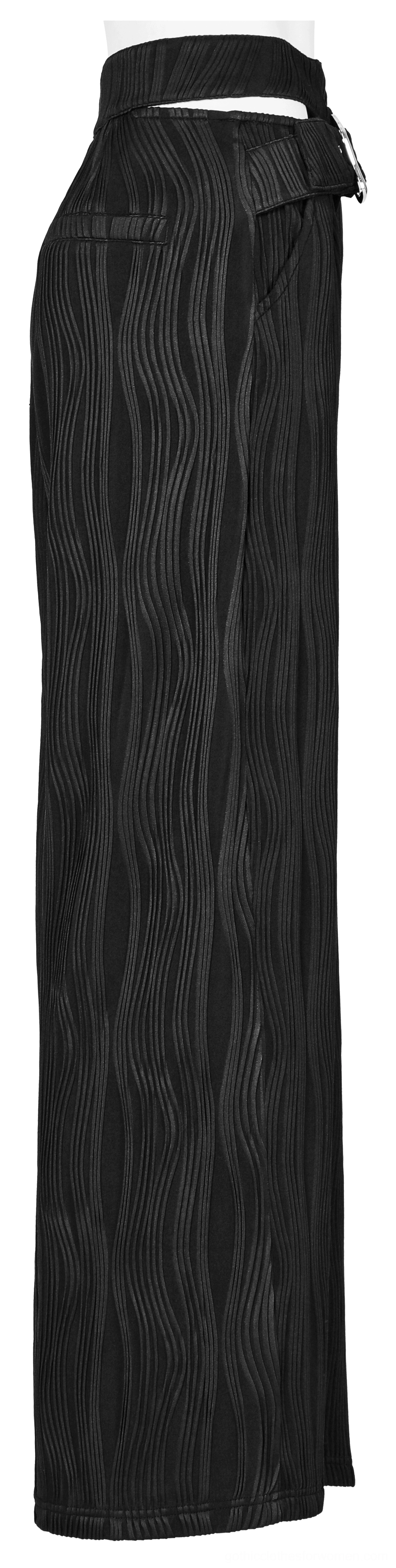 Black gothic wide leg pants vertical side view - wavy vertical fabric texture and slim side seam fit showing full length hem on dark trousers