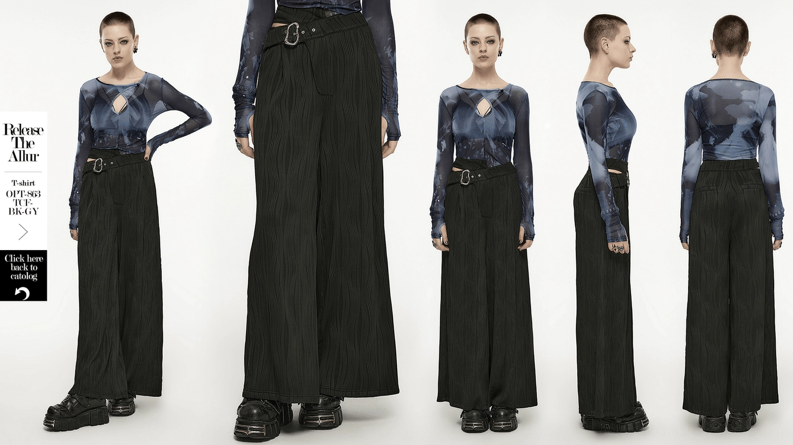 Black gothic wide leg pants wearable silhouette - full length styling view showing asymmetrical buckle detail and wide leg proportions on dark alternative trousers