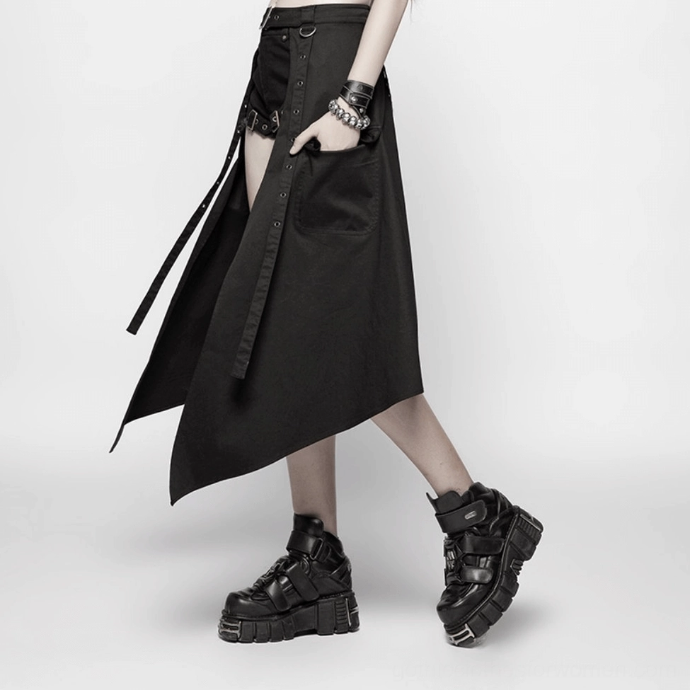 Black asymmetrical cargo mini skirt showcasing premium woven cotton fabric construction and industrial gothic aesthetic