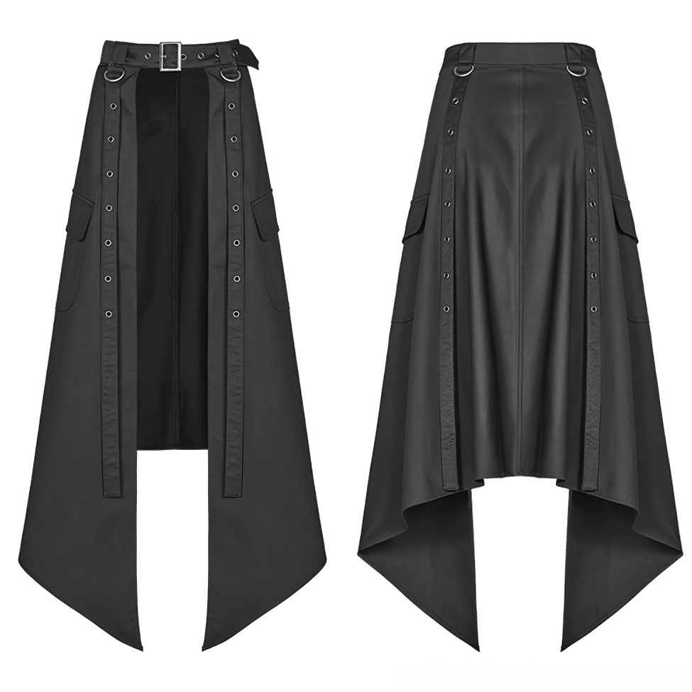 Dual flat lay comparison of black asymmetrical cargo skirt front and back showing metal grommets buckle details and woven fabric texture