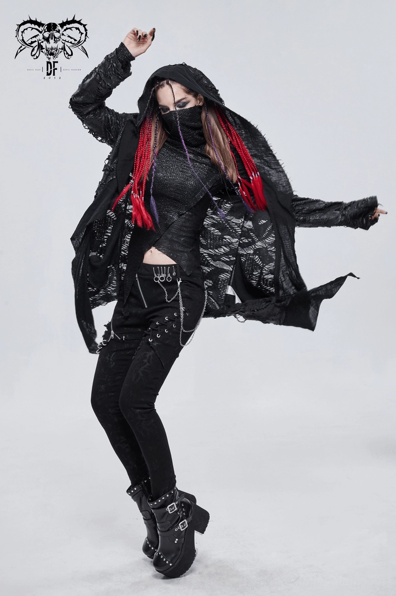 Black asymmetrical gothic cape full view with pentagram details and irregular hem