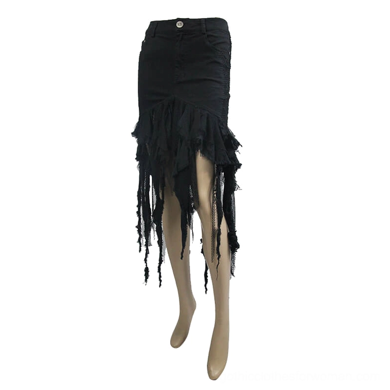 Black asymmetrical gothic denim skirt front-side angle on mannequin - fitted waist with irregular torn hem