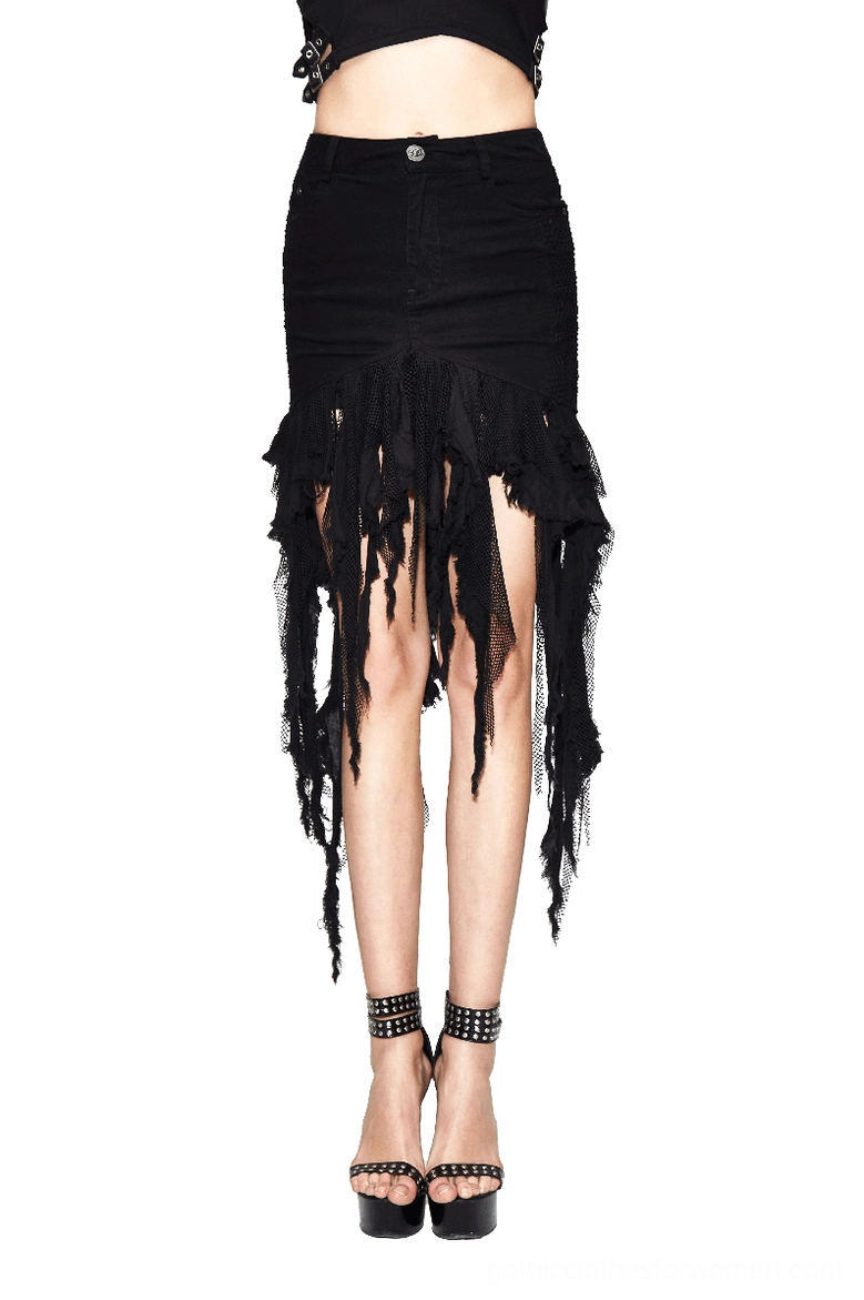 Black asymmetrical gothic denim skirt with torn tassel hem - front full-body view on female model with high-waisted slim fit