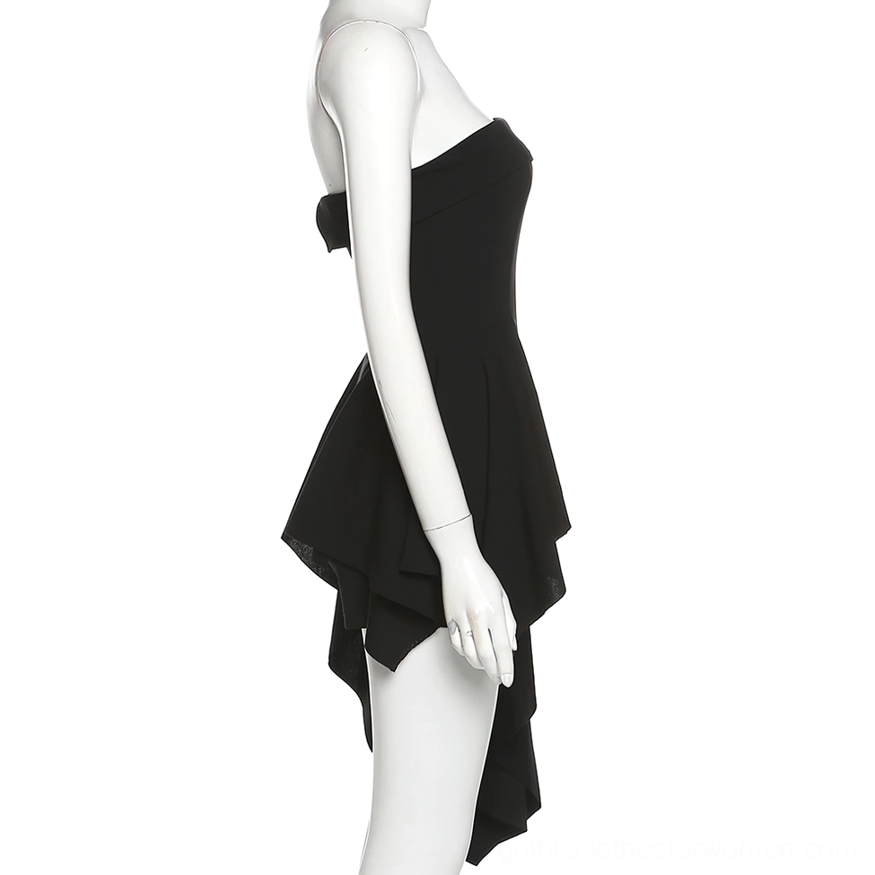 Black strapless asymmetrical gothic dress back view fitted waist with shorts