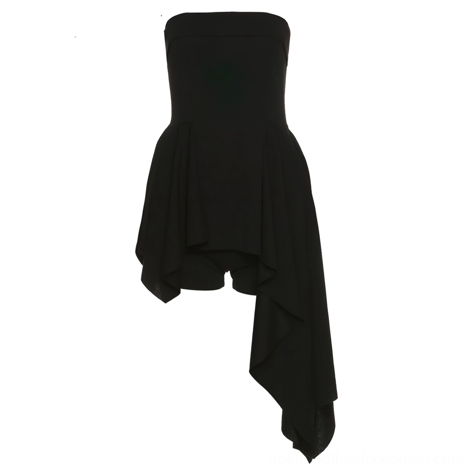 Black strapless asymmetrical gothic mini dress flat lay mannequin display