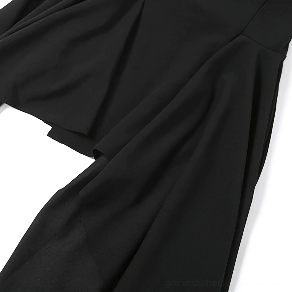 Black asymmetrical gothic dress mannequin side view high-low hem