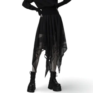 Black asymmetrical gothic mesh and lace skirt front three-quarter view on female model wearing platform boots