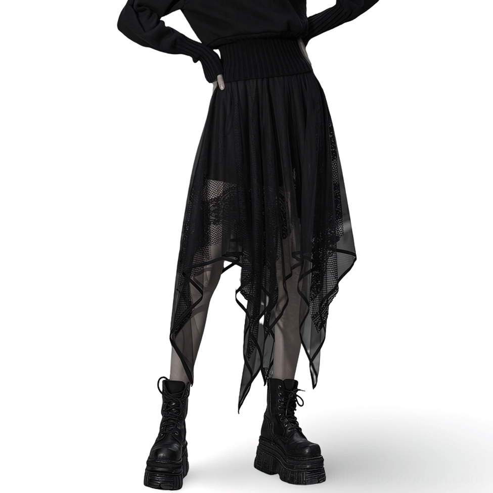 Black asymmetrical gothic mesh and lace skirt front three-quarter view on female model wearing platform boots
