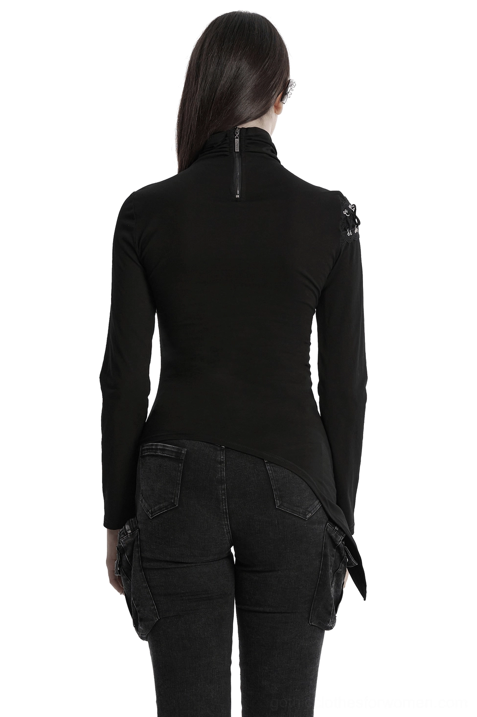 Black asymmetrical gothic mesh sweatshirt rear view displaying exposed back zipper, metal hardware details, and asymmetric curved hem on model