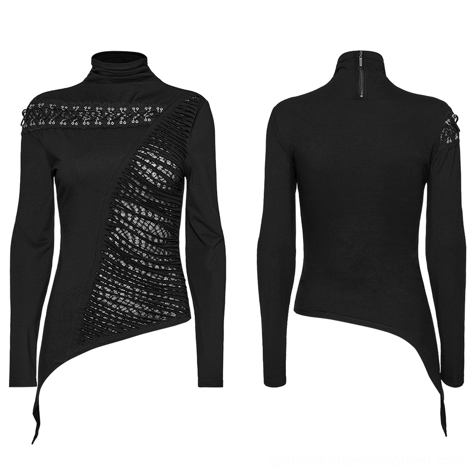 Black asymmetrical gothic mesh sweatshirt flat lay front and back views showcasing dual fabric construction, metal accents, and architectural silhouette details