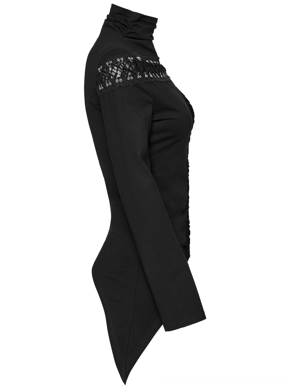 Black asymmetrical gothic mesh sweatshirt side flat lay view displaying slim-fitted silhouette, turtleneck neckline, and metallic hardware placement