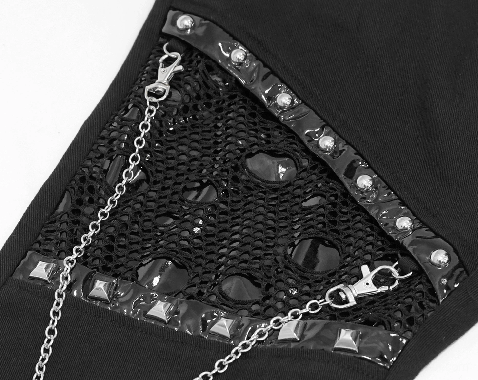 Black asymmetrical gothic pants with chain embellishments and mesh underlays, design showcase