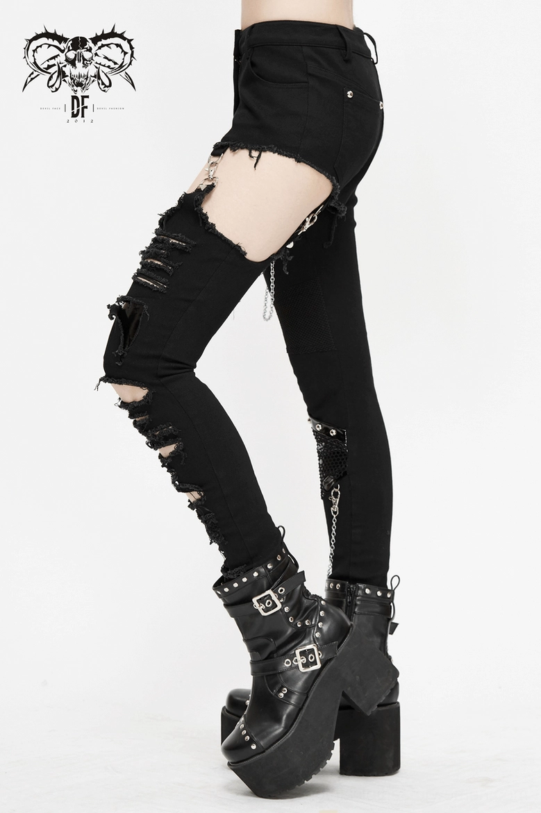 Black asymmetrical gothic trousers with mesh patches and silver chain embellishments, construction view