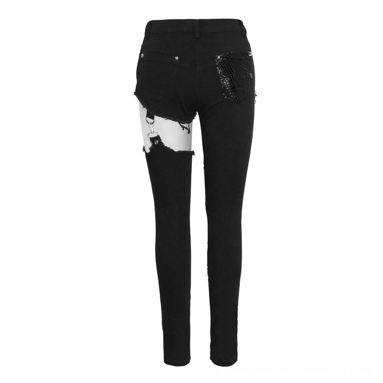 Black asymmetrical gothic pants with cutout back design and skinny fit, rear view display
