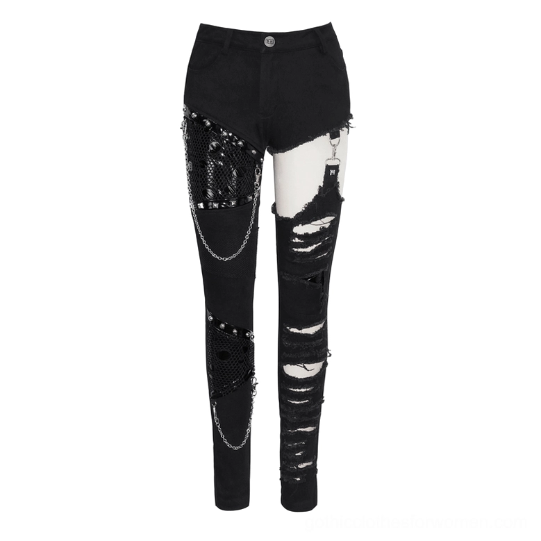 Black asymmetrical gothic pants with mesh patches and metal chain accents, front flat lay display