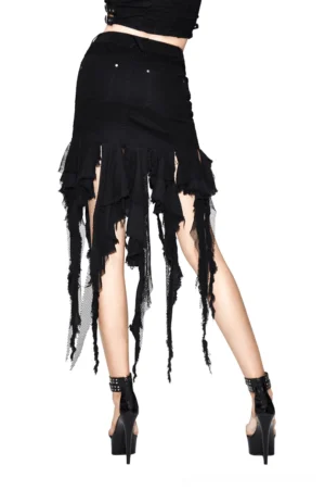 Gothic torn denim skirt back and side view - showing frayed mesh tassel hem and high-waisted silhouette