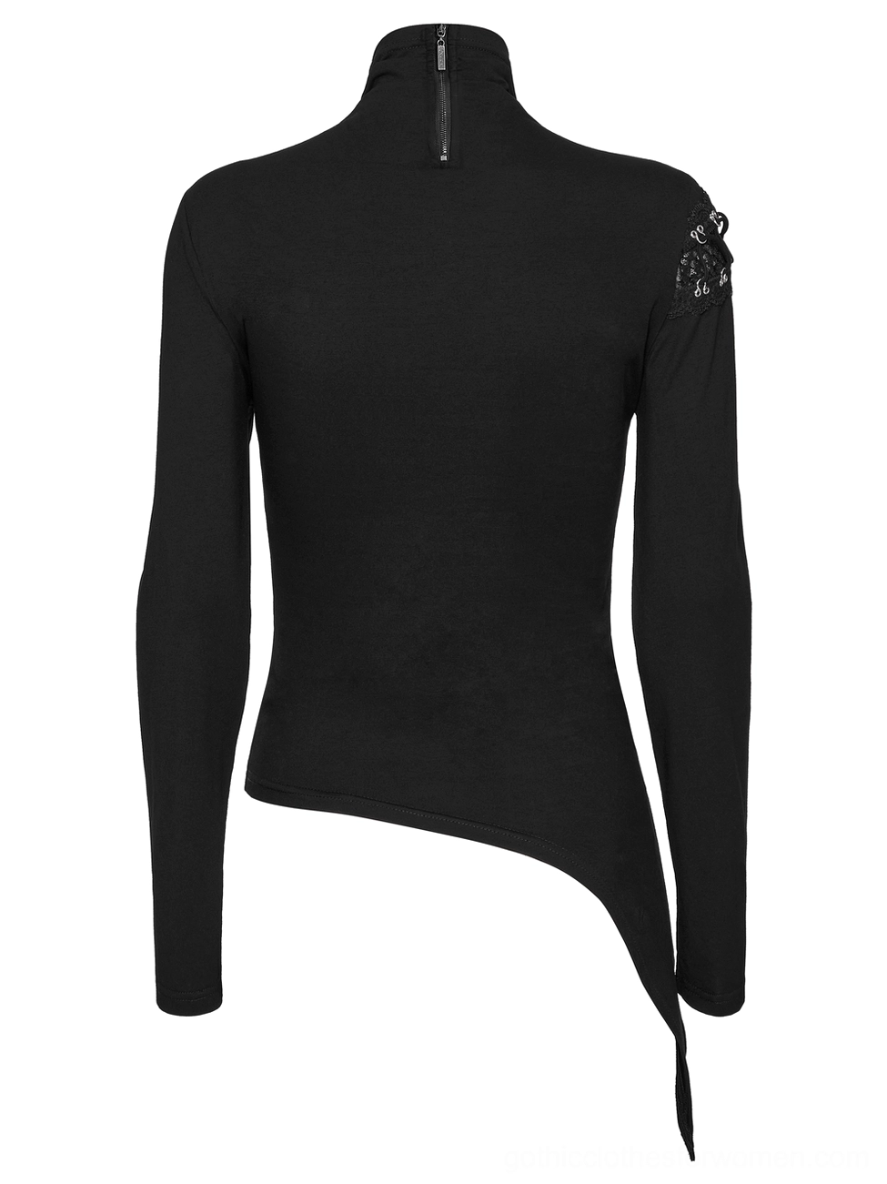 Black asymmetrical gothic sweatshirt back flat lay featuring exposed back zipper with metal hardware, shoulder lace trim, and industrial accents