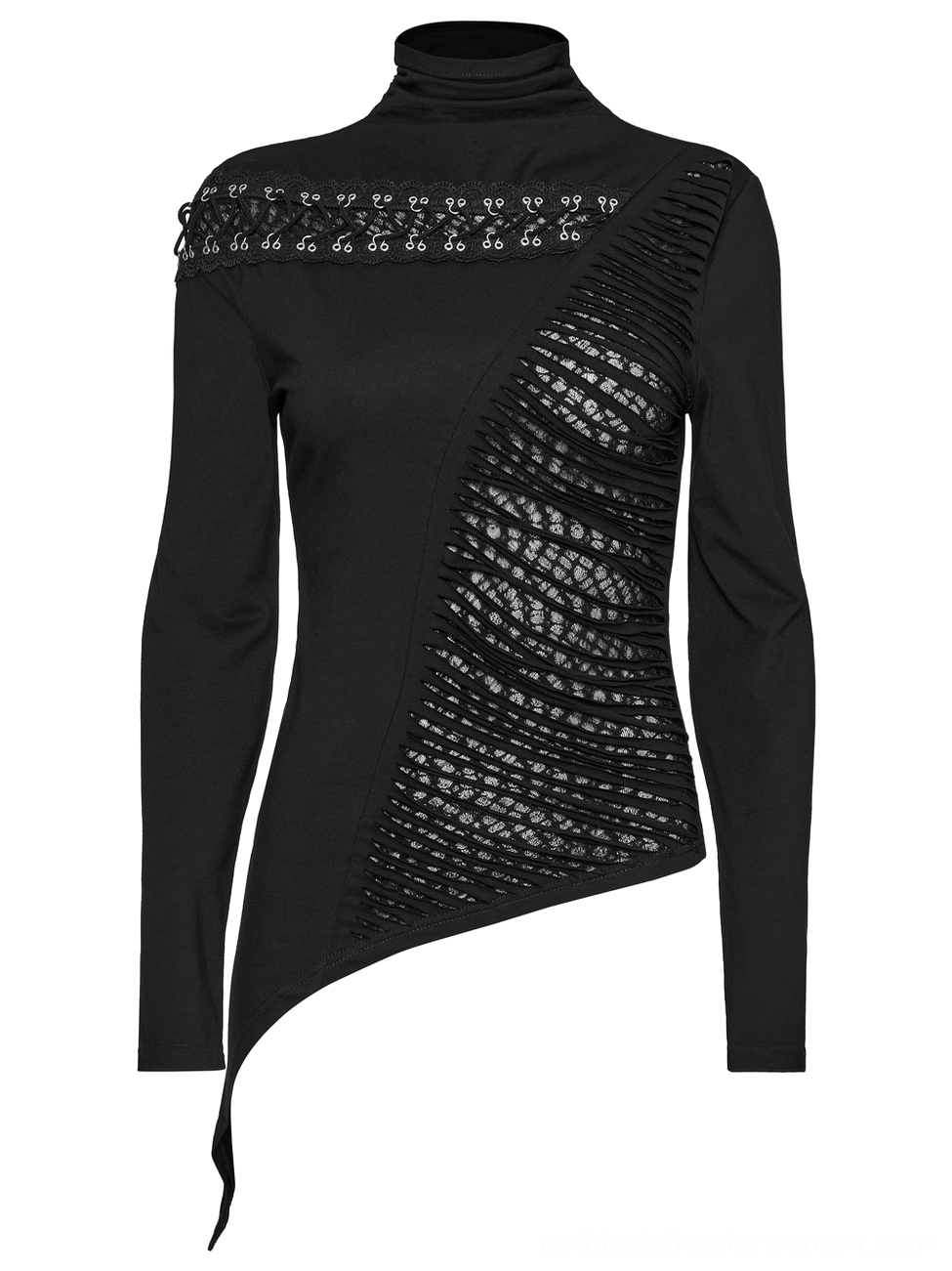 Black asymmetrical gothic sweatshirt front flat lay highlighting metal eyelet shoulder trim, ruched mesh details, and asymmetric hem construction