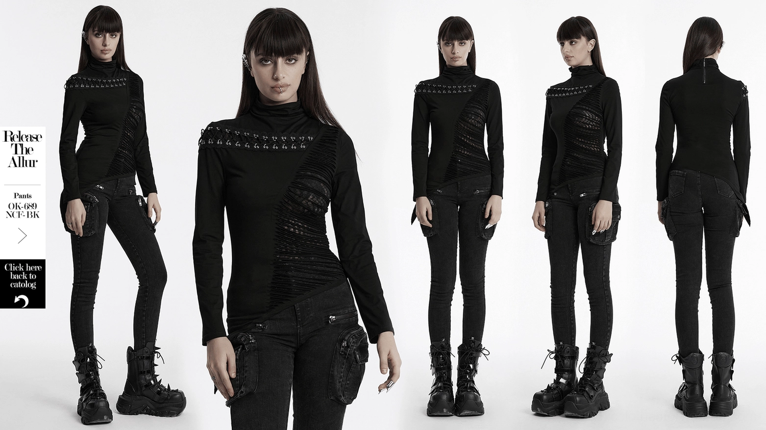 Black asymmetrical gothic sweatshirt full garment overhead view displaying overall silhouette, hardware placement, and architectural design elements