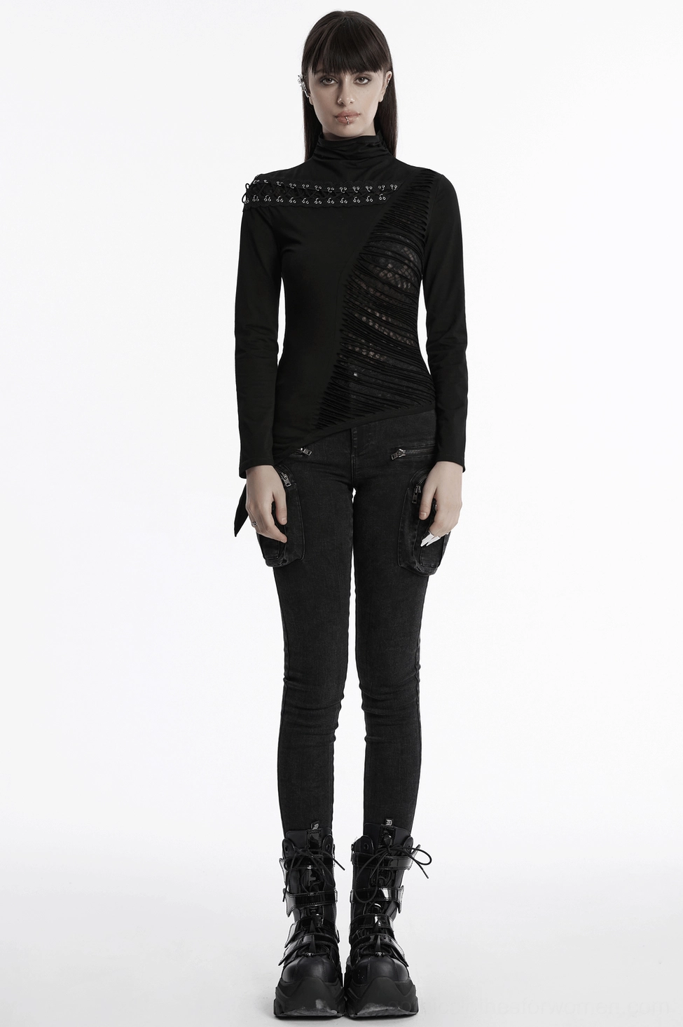 Black asymmetrical gothic sweatshirt layered styling example demonstrating how to wear with alternative fashion pieces for complete goth look