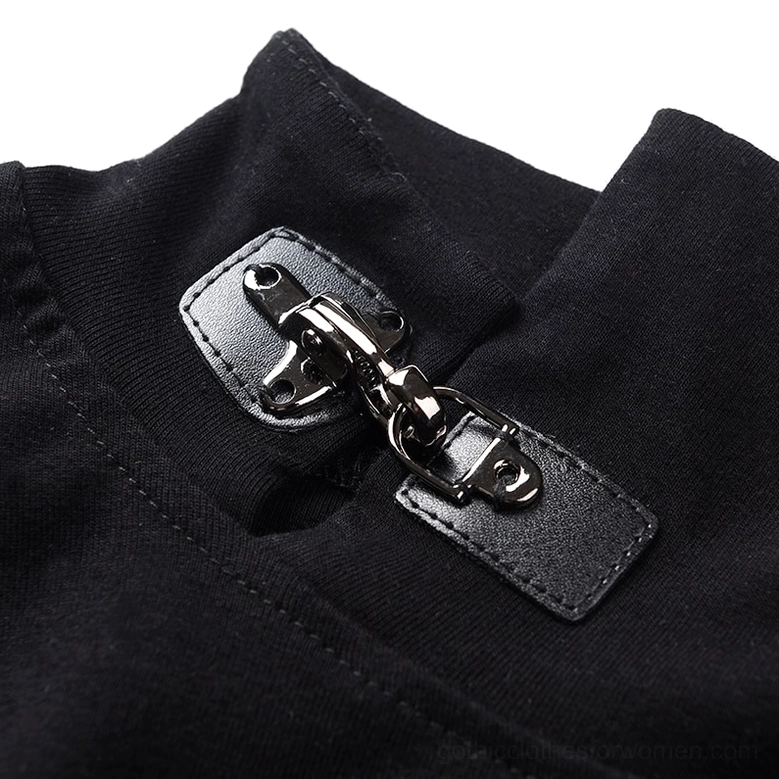 Black asymmetrical gothic top with metal grommet cuffs and stand collar, alternative fashion styling details