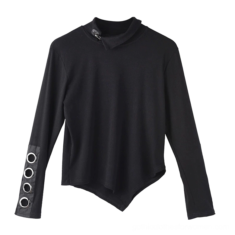 Women's black gothic top asymmetrical hem design, flat lay front view showing stand collar with zipper and hollow-out cuff grommets