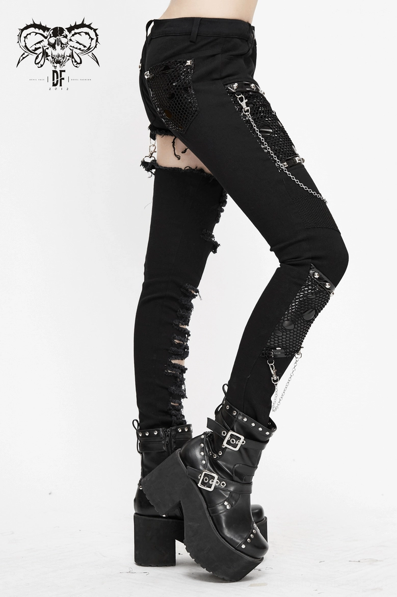 Black asymmetrical gothic trousers with ripped mesh and chain elements, product composition view