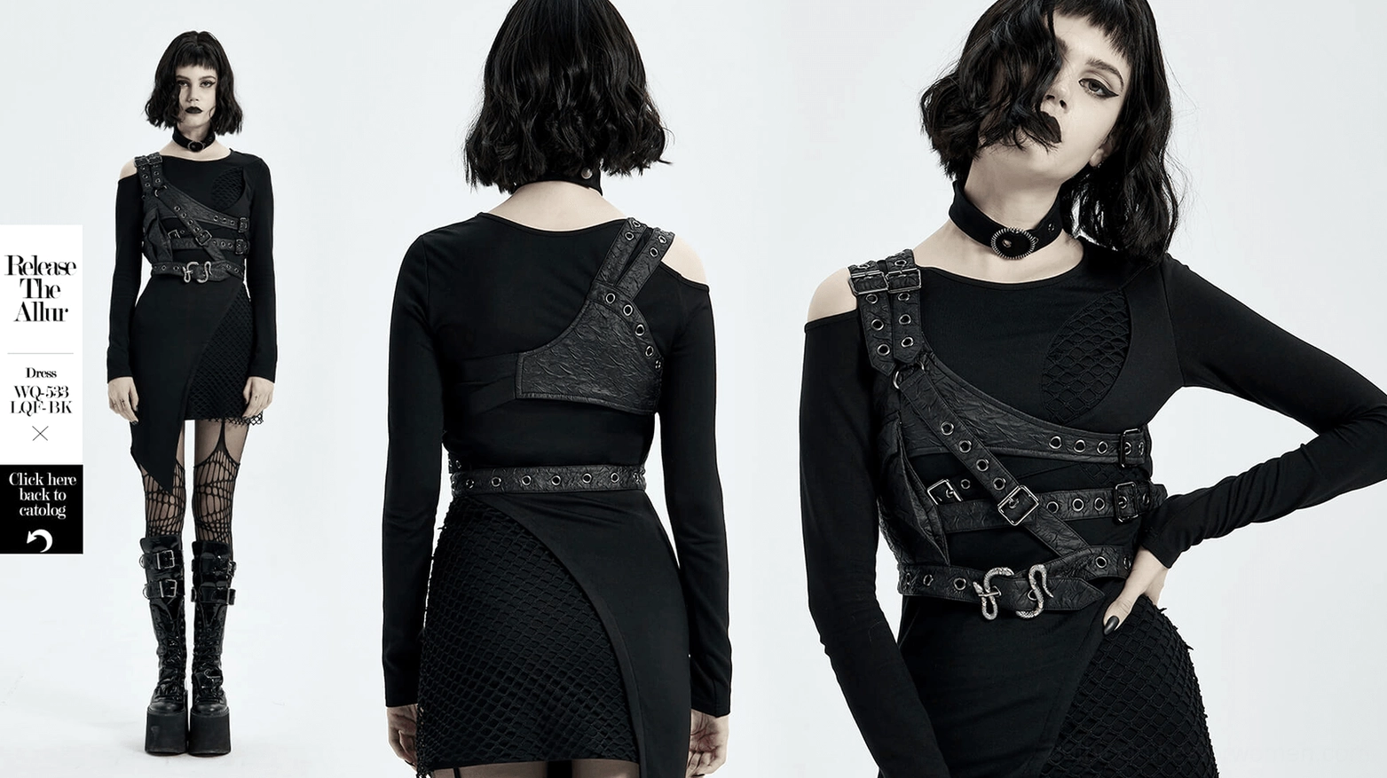 Main product shot of black asymmetrical leather shoulder harness with python buckle and metal accents on white background