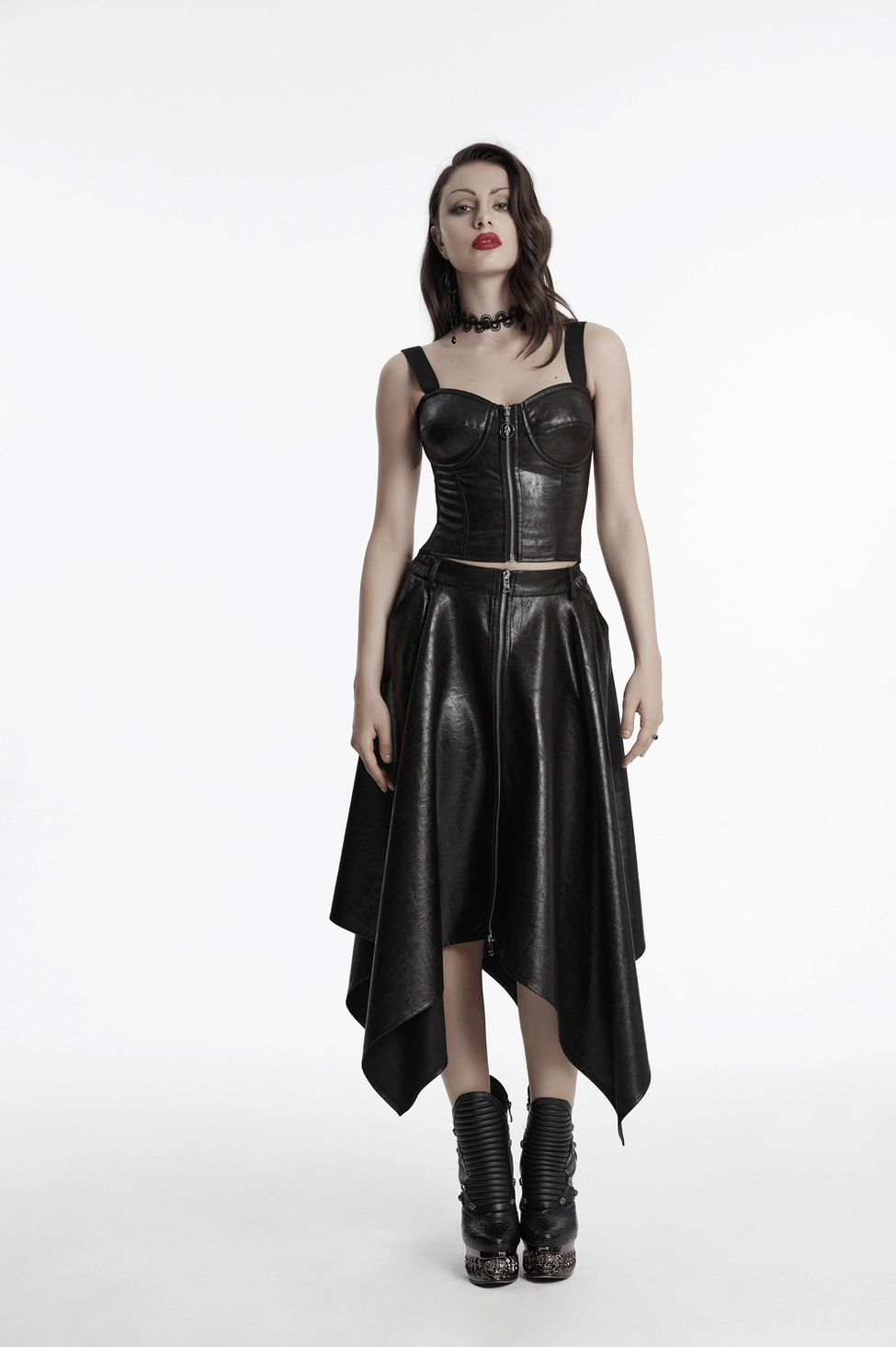 Black faux leather asymmetrical skirt full length back view with handkerchief hemline
