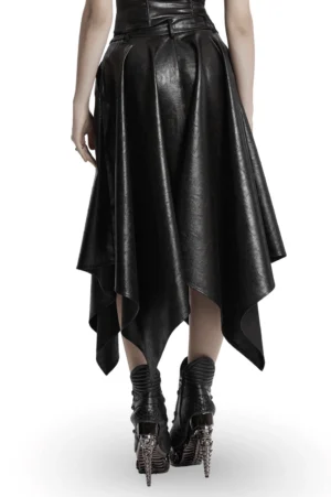 Black asymmetrical faux leather midi skirt rear view on model with platform boots