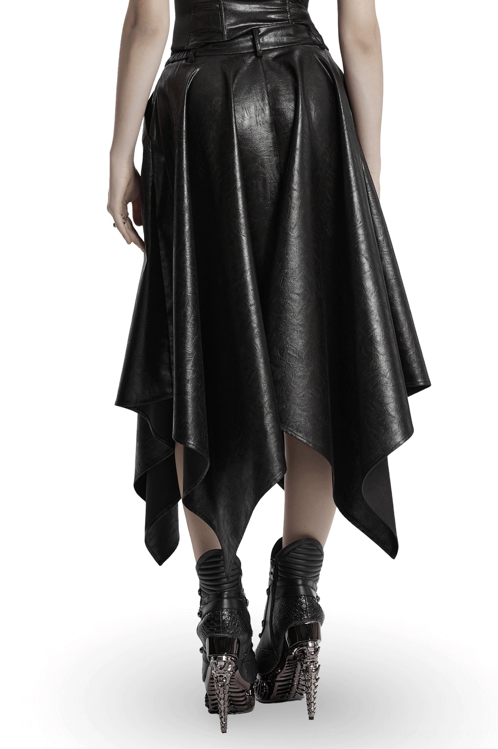 Black asymmetrical faux leather midi skirt rear view on model with platform boots