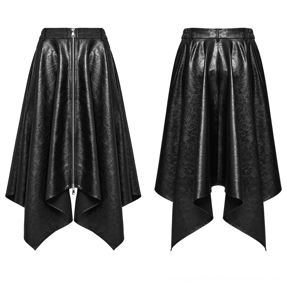 Black faux leather asymmetrical skirt front flat lay showing zipper and pointed hem detail