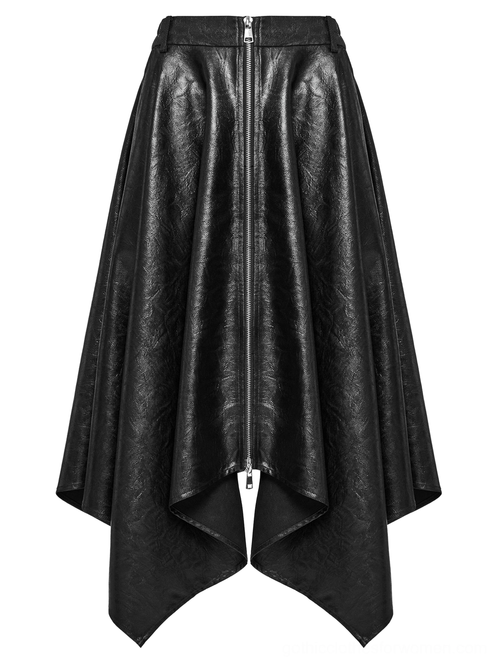 Faux leather asymmetrical skirt front view flat lay with metal zipper detail
