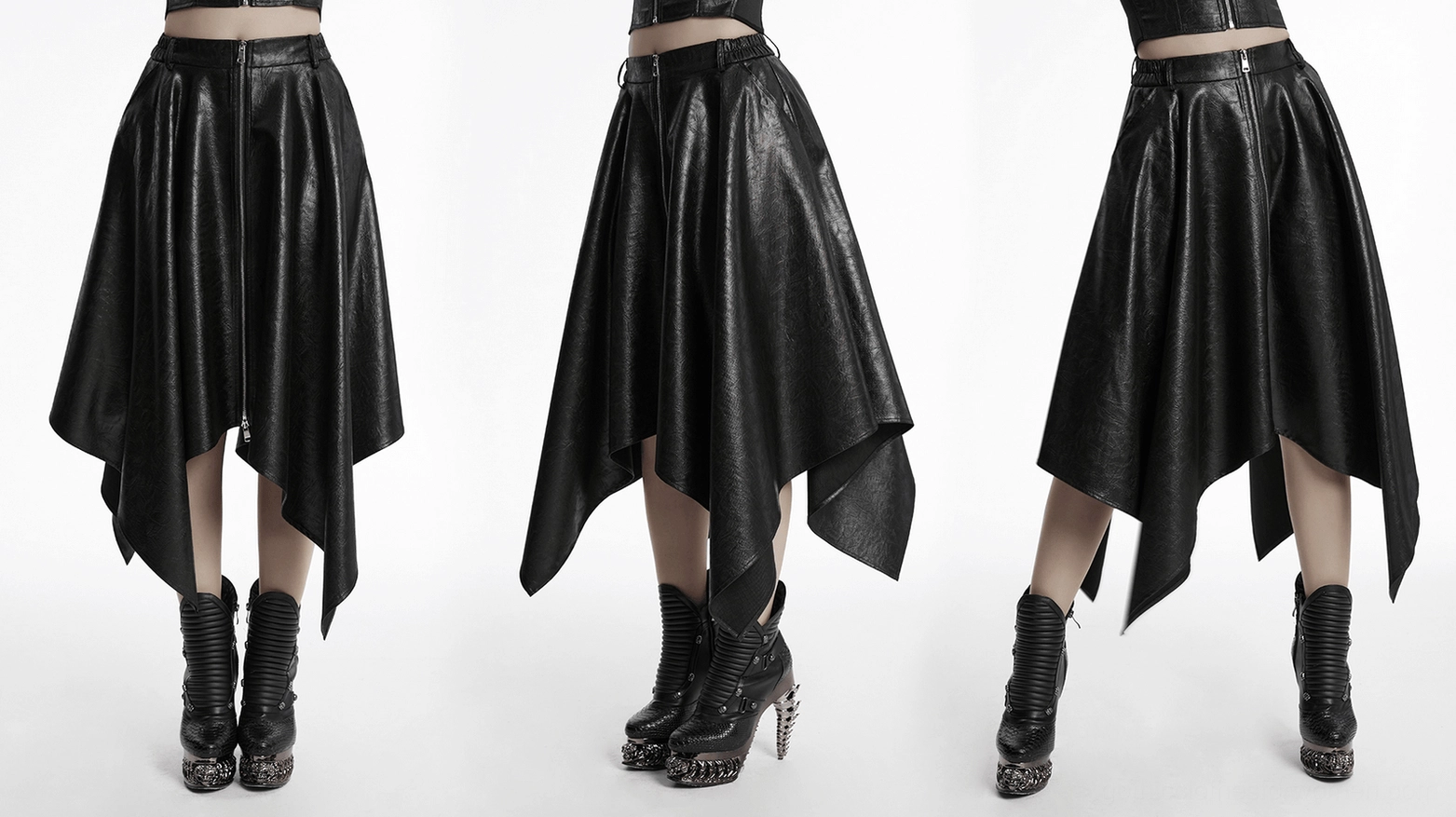 Black faux leather asymmetrical skirt side view showing irregular pointed hem construction