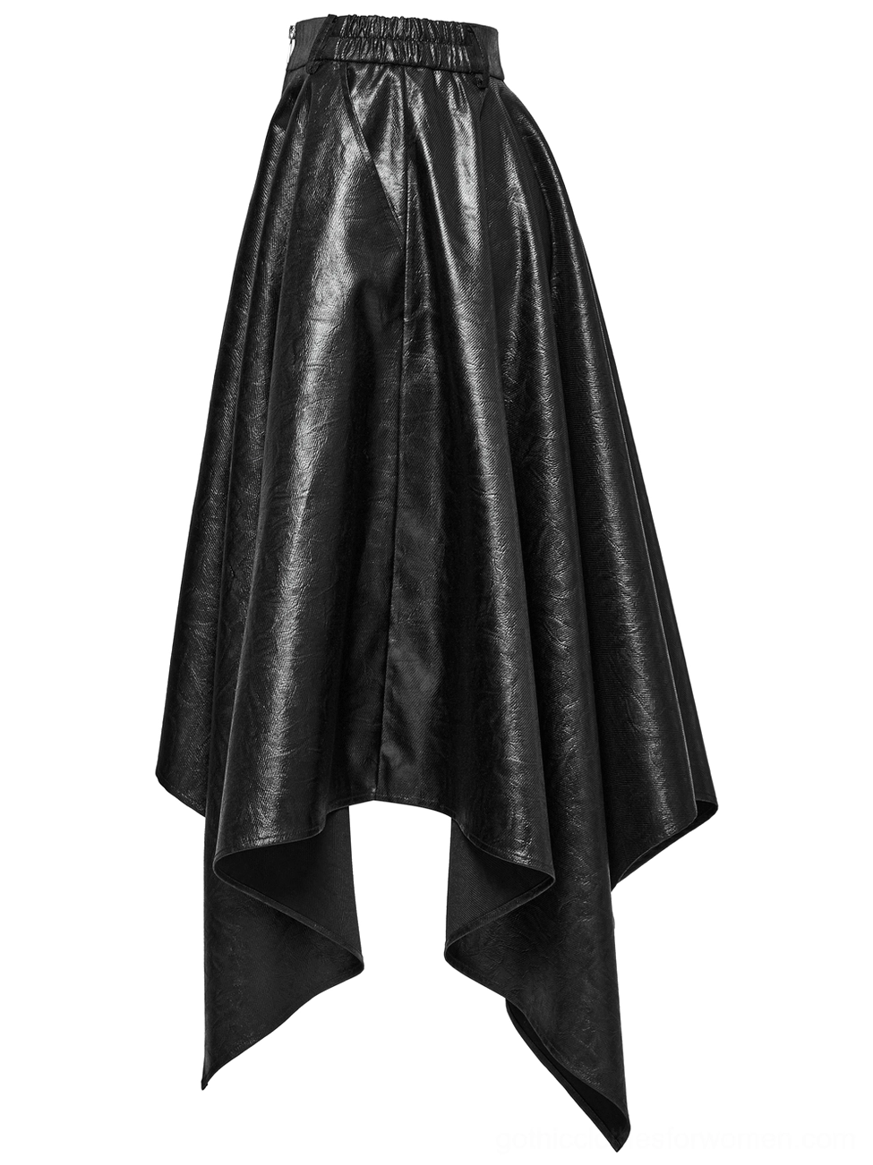 Black faux leather asymmetrical skirt side rear view flat lay showing handkerchief hem