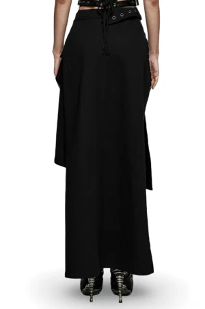Black denim maxi skirt back view, displaying asymmetrical hemline and tied waist belt detail from behind