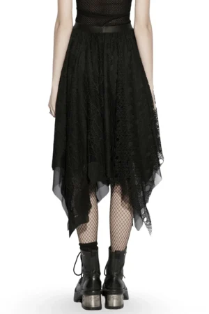 Black asymmetrical mesh midi skirt back view styled with fishnet stockings and platform boots gothic aesthetic