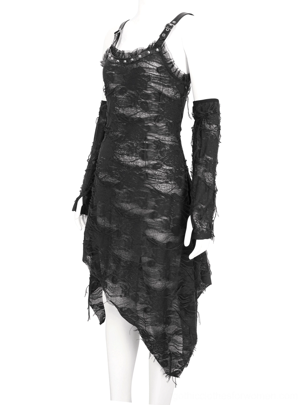 Black asymmetrical ripped gothic dress with long gloves on mannequin, three-quarter front view fitted cut with torn lace