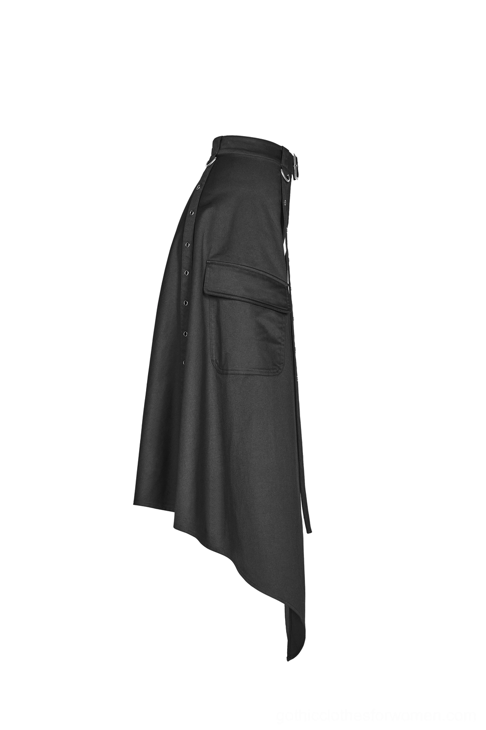 Left side flat lay view of black asymmetrical cargo skirt showing functional side cargo pocket and high-low hemline detail