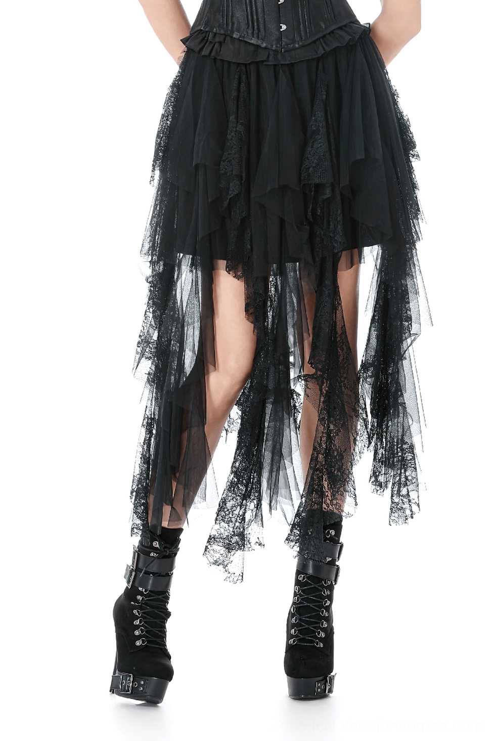 Black asymmetrical tulle lace skirt front view showing layered ruffled hem with sheer tulle trim
