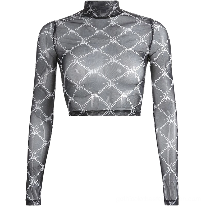 Black mesh barbed wire crop top mock neck front studio display on mannequin