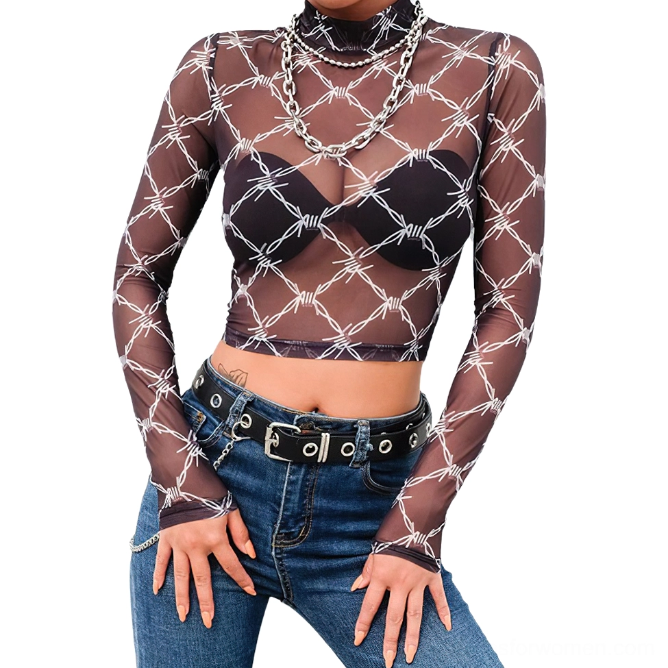 Black barbed wire mesh crop top front view on model with chain necklaces, gothic street styling