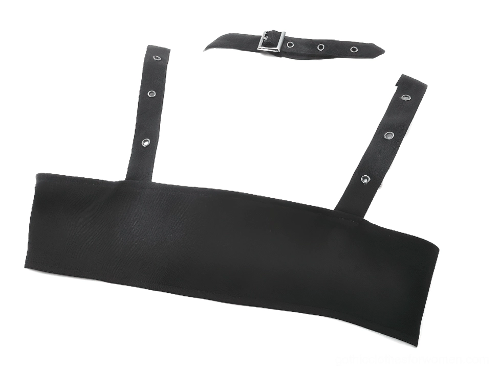 Black baroque harness crop top product shot highlighting the complete silhouette with all buckle placements and strap configuration